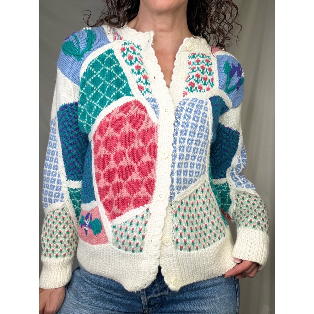 Vintage Orvis Patchwork Cardigan Sweater Floral Heart Knit Ramie Cotton S - Picture 13 of 13